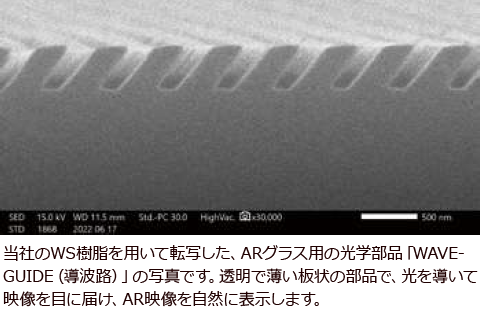 当社のWS樹脂を用いて転写した、ARグラス用の光学部品「Wave guide（導波路）」の写真